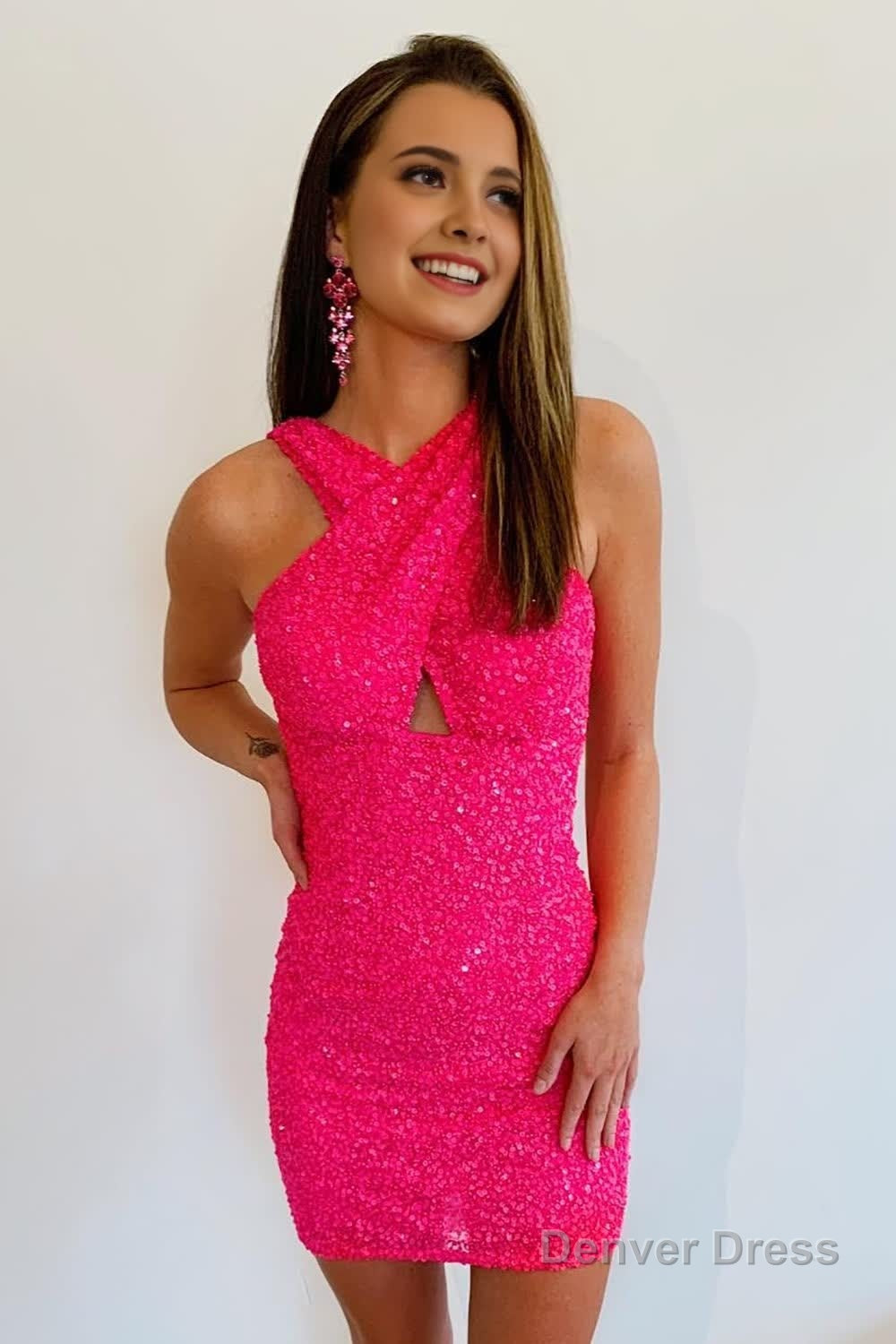 fuchsia halter sleeveless sequined homecoming dress