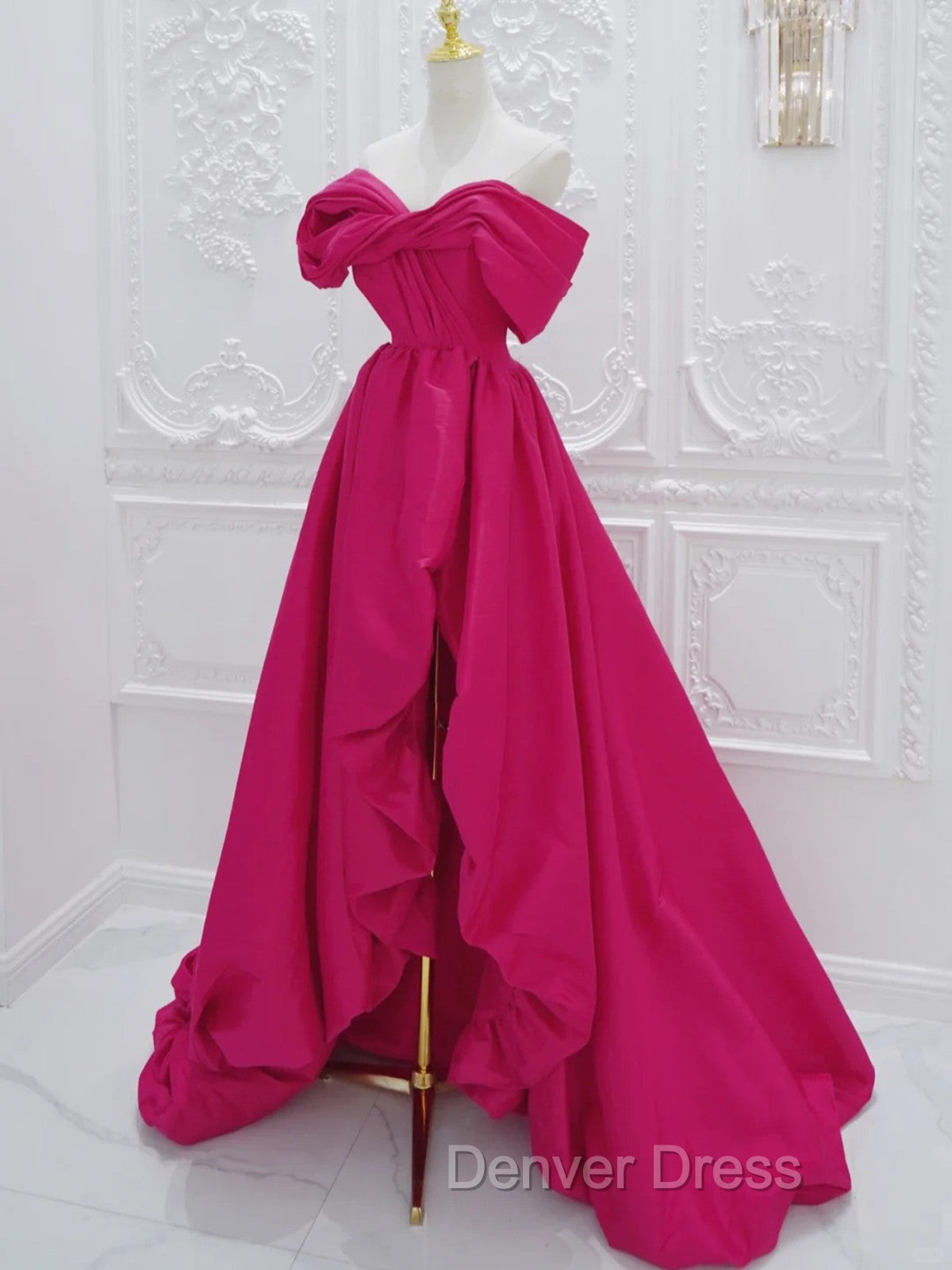 Fuchsia High Low Off Shoulder Party Dresses, High Low Prom Dresses Formal Dresses Secondary image