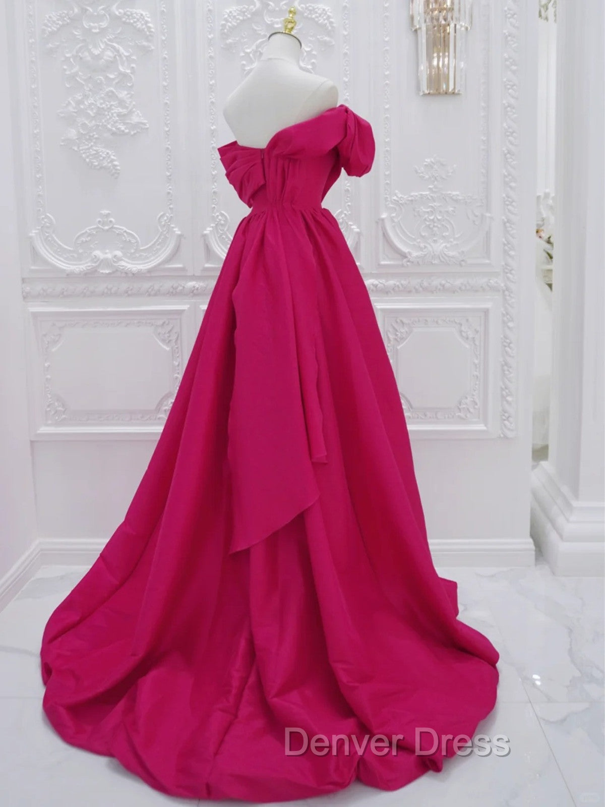 Fuchsia High Low Off Shoulder Prom Dress, High Low Prom Dress