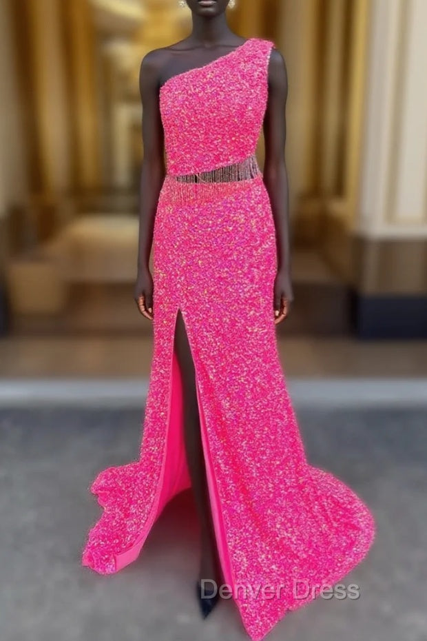 Fuchsia Mermaid Sequins Beading One Shoulder Prom Dresses