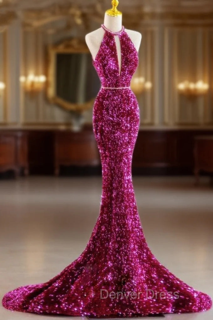 Fuchsia Mermaid Sequins Halter Prom Dresses