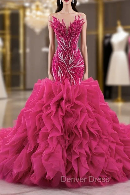 Fuchsia Mermaid Strapless Beading Prom Dresses