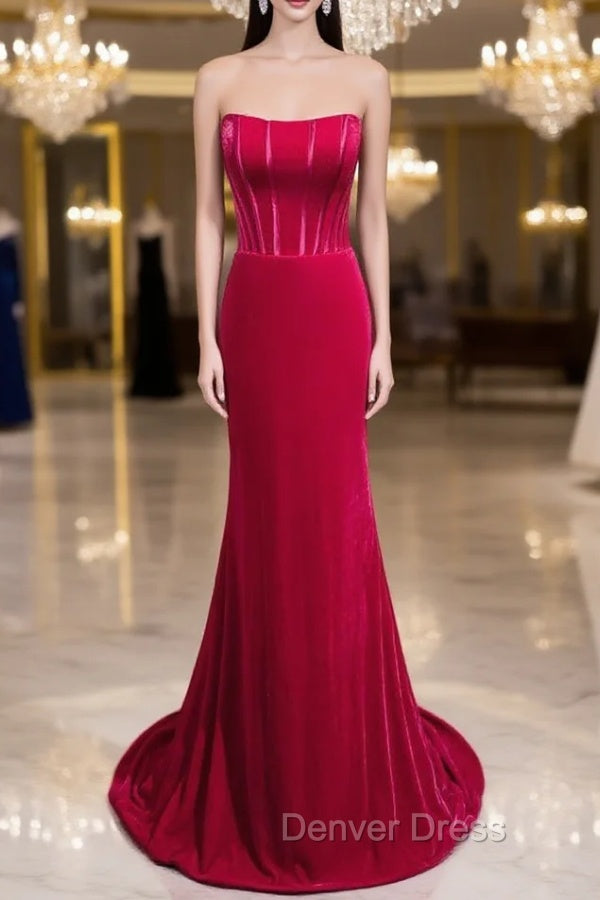 Fuchsia Mermaid Velvet Strapless Prom Dresses