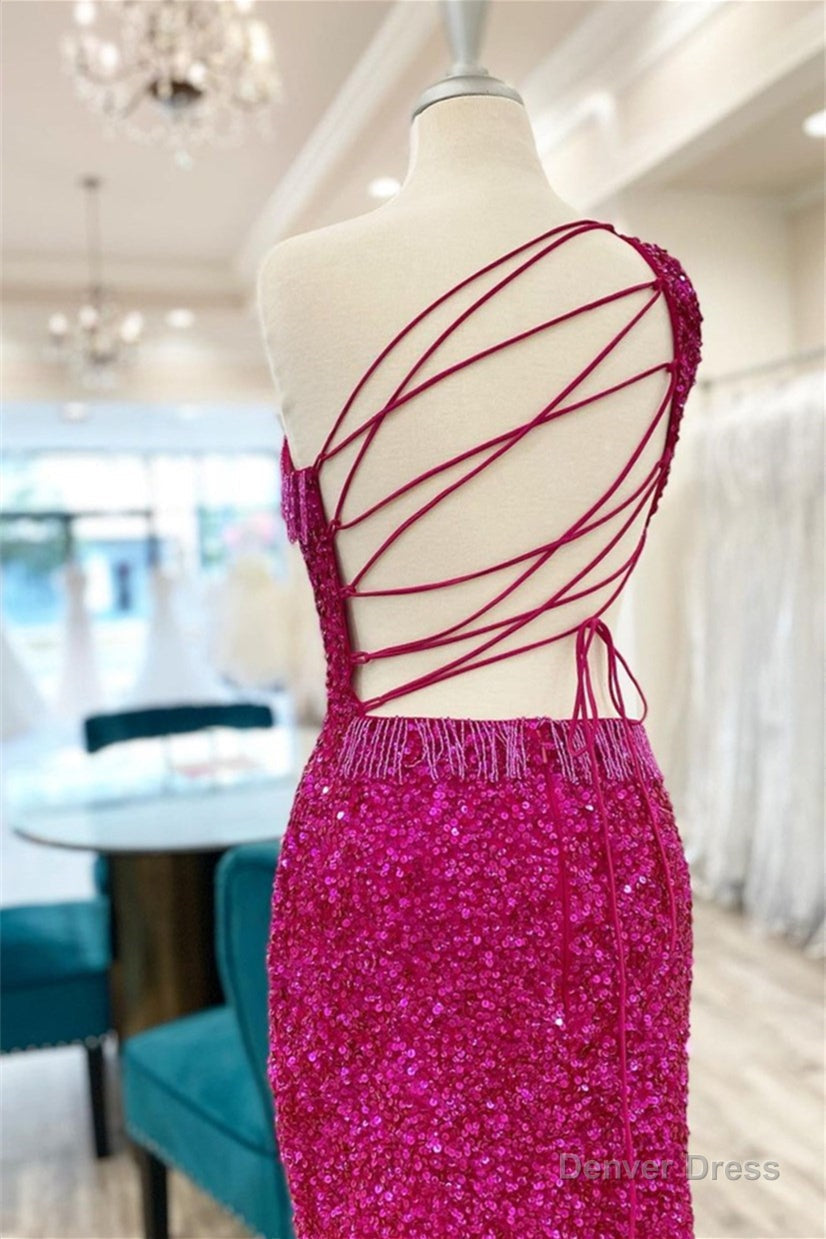 Fuchsia One Shoulder Lace Up Sequins Homecoming Dresses with Tassels Secondary image