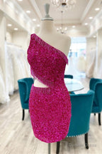 Fuchsia One Shoulder Lace Up Sequins Homecoming Dresses with Tassels