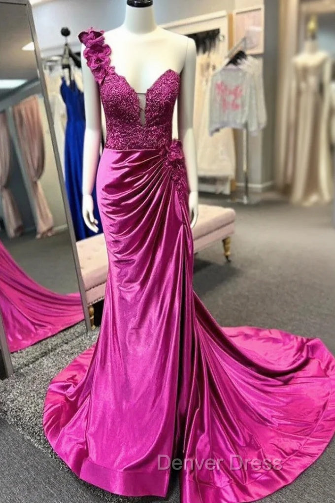 Fuchsia One Shoulder Satin Flower Prom Dresses