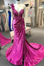 Fuchsia One Shoulder Satin Flower Prom Dresses