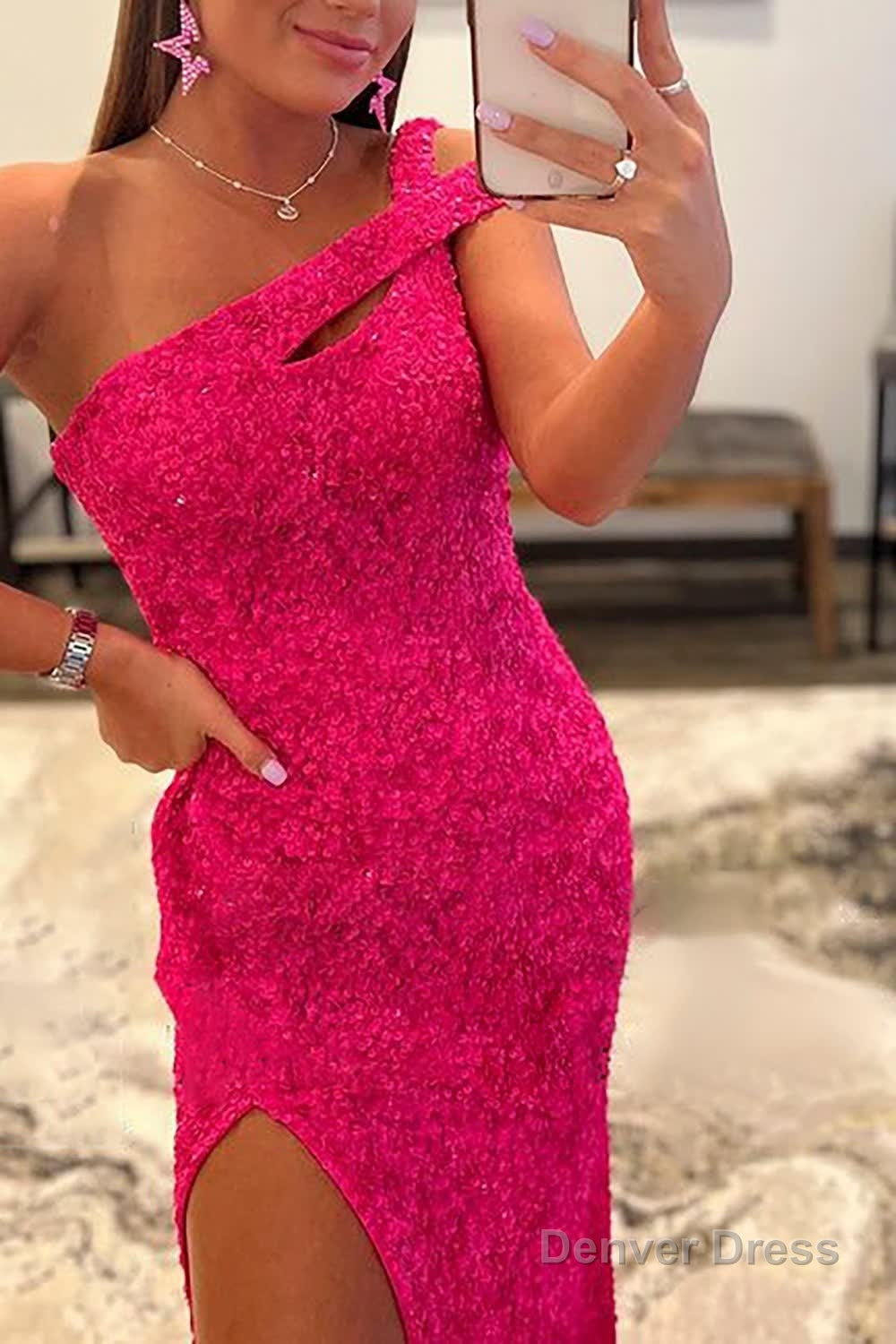 Fuchsia One Shoulder Sequins Prom Dresses