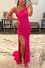 Fuchsia One Shoulder Sequins Prom Dresses
