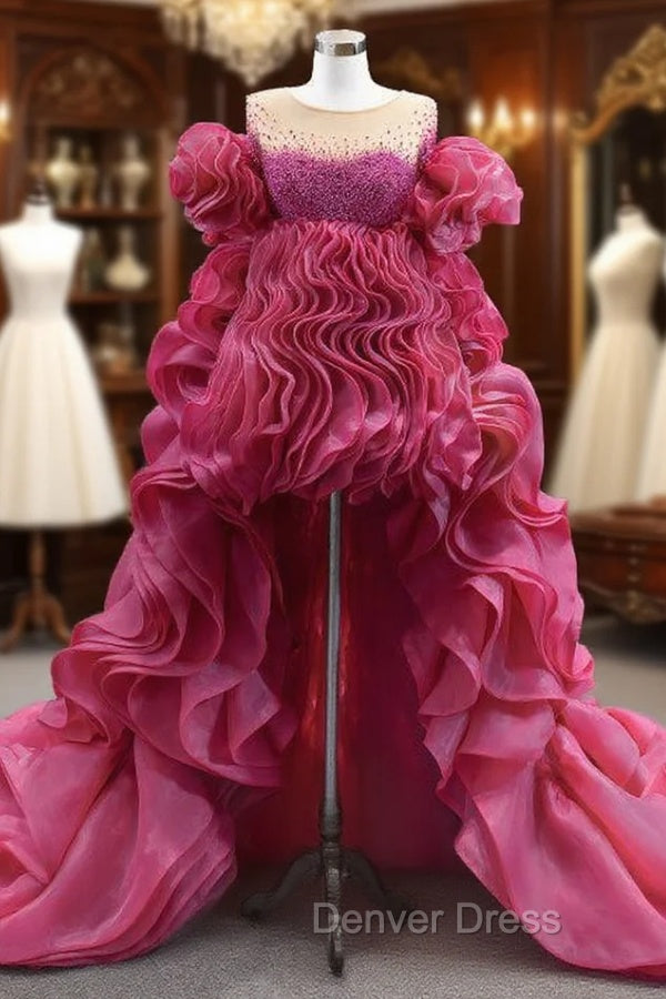 Fuchsia Organza Pearls Prom Dresses