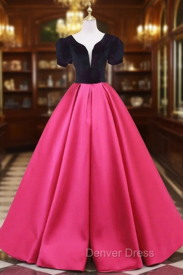 Fuchsia Satin Black Velvet Short Sleeve Prom Dresses