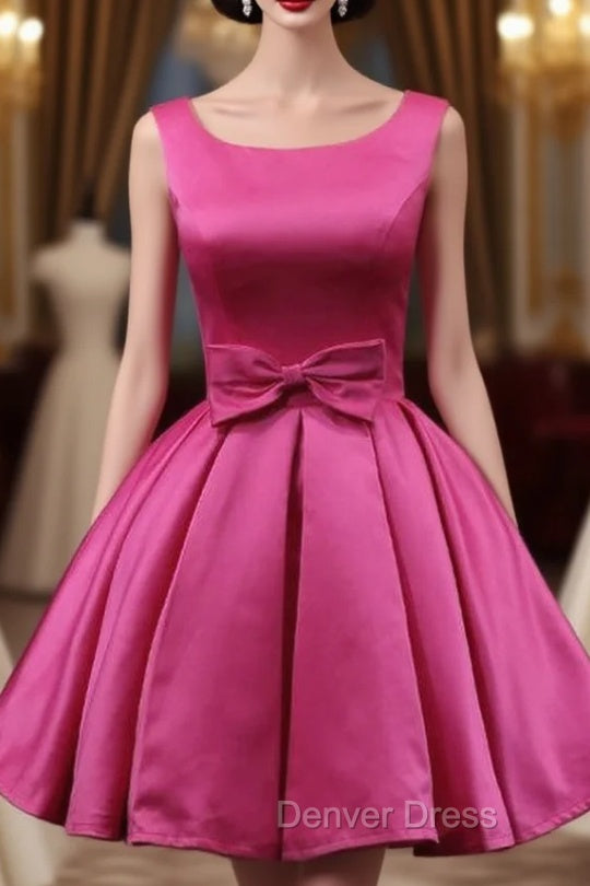 Fuchsia Satin Bow Homecoming Dresses