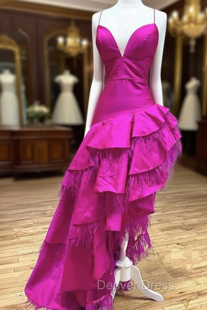 Fuchsia Satin Spaghetti Straps Feather Prom Dresses Main image