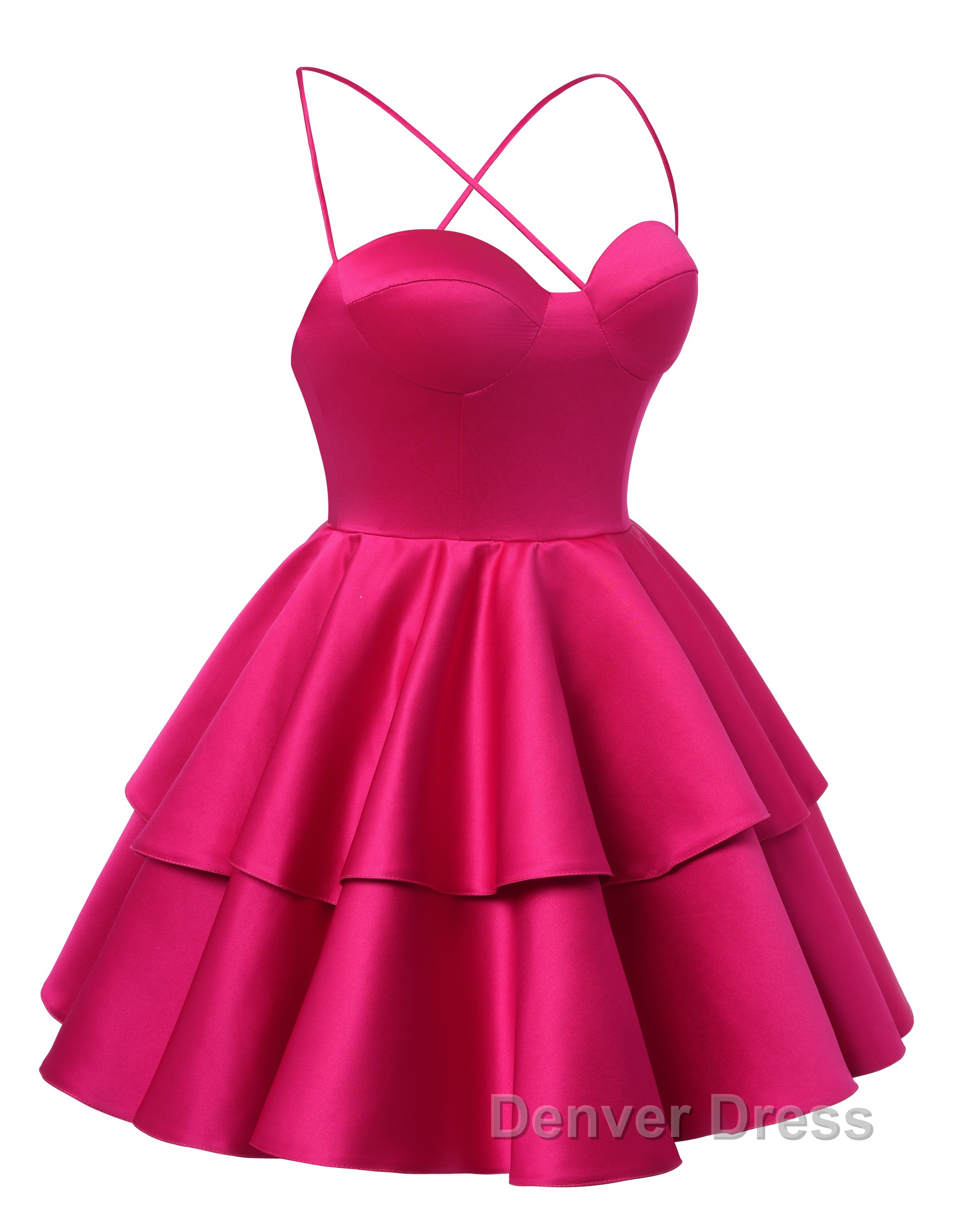 Fuchsia Satin Homecoming Dresses Sweetheart Neck Tiered Short Graduation Dresses Secondary image