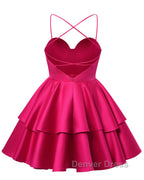 Fuchsia Satin Homecoming Dresses Sweetheart Neck Tiered Short Graduation Dresses