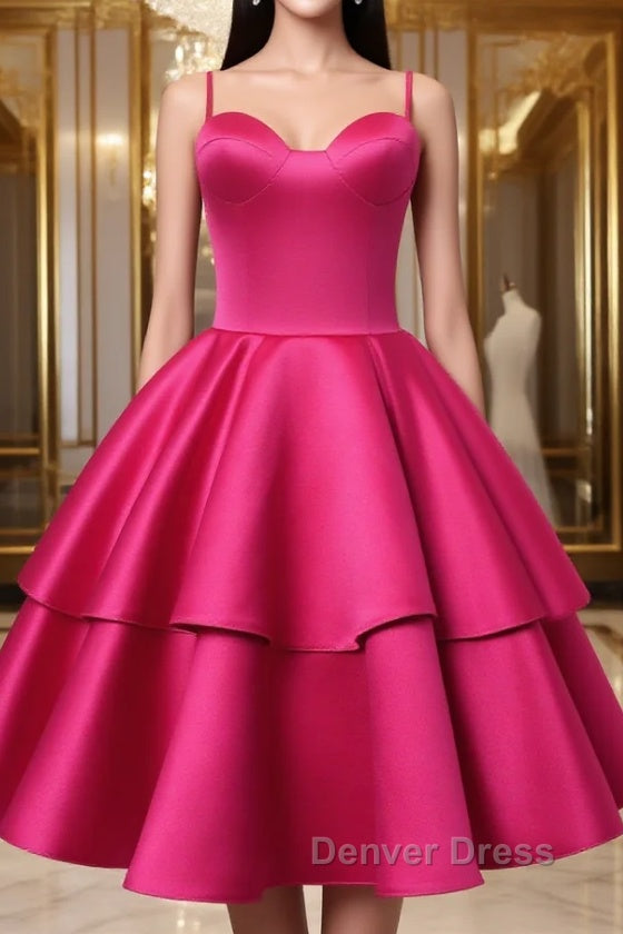 Fuchsia Satin Homecoming Dresses Sweetheart Neck Tiered Short Graduation Dresses Main image