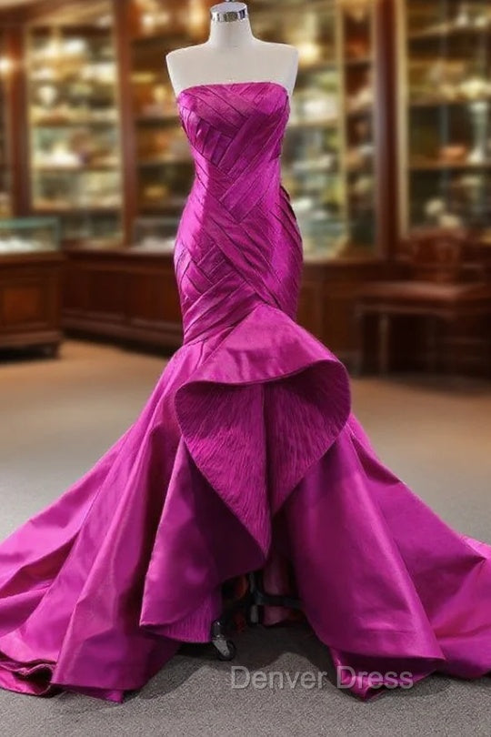 Fuchsia Satin Mermaid Pleats Prom Dresses