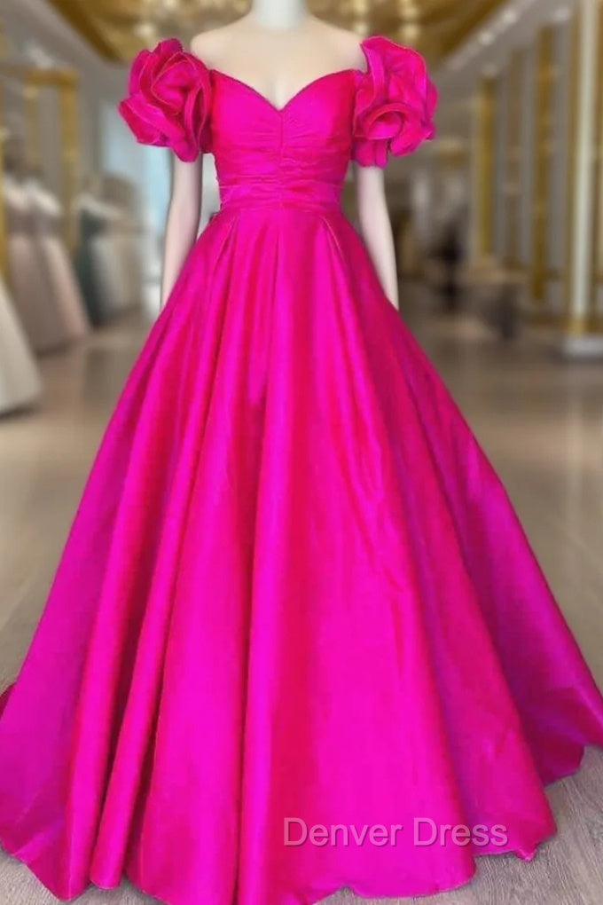 Fuchsia Satin Off the Shoulder Ruffle Prom Dresses Main image