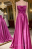 Fuchsia Satin Spaghetti Straps Prom Dresses