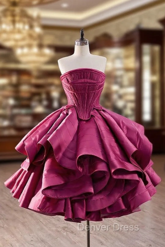 Fuchsia Satin Strapless Pleats Homecoming Dresses