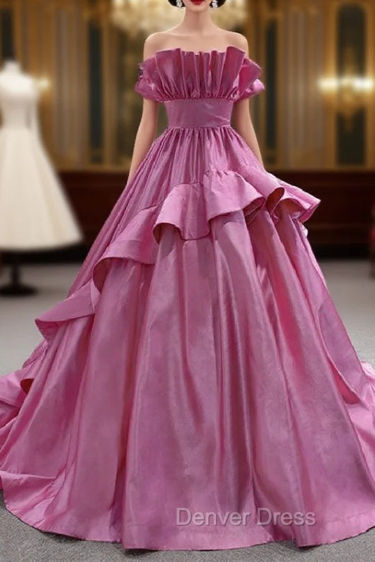 Fuchsia Satin Strapless Pleats Prom Dresses Main image