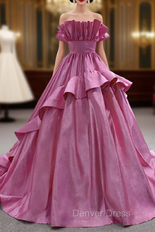 Fuchsia Satin Strapless Pleats Prom Dresses
