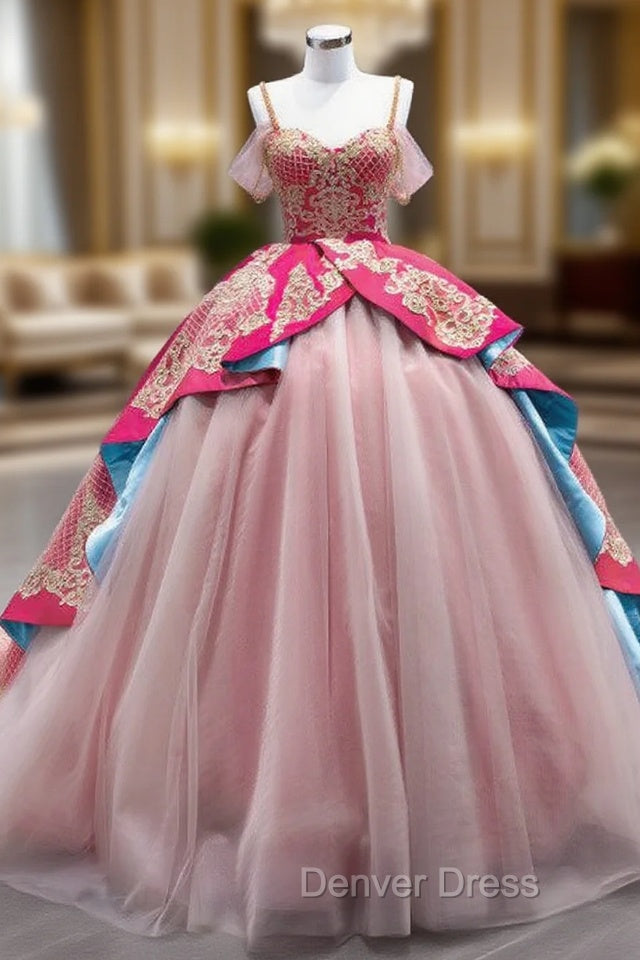 Fuchsia Satin Tulle Spaghetti Straps Appliques Prom Dresses