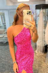 fuchsia sequin long prom dress with slit