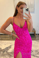 fuchsia sequin mermaid long prom dress