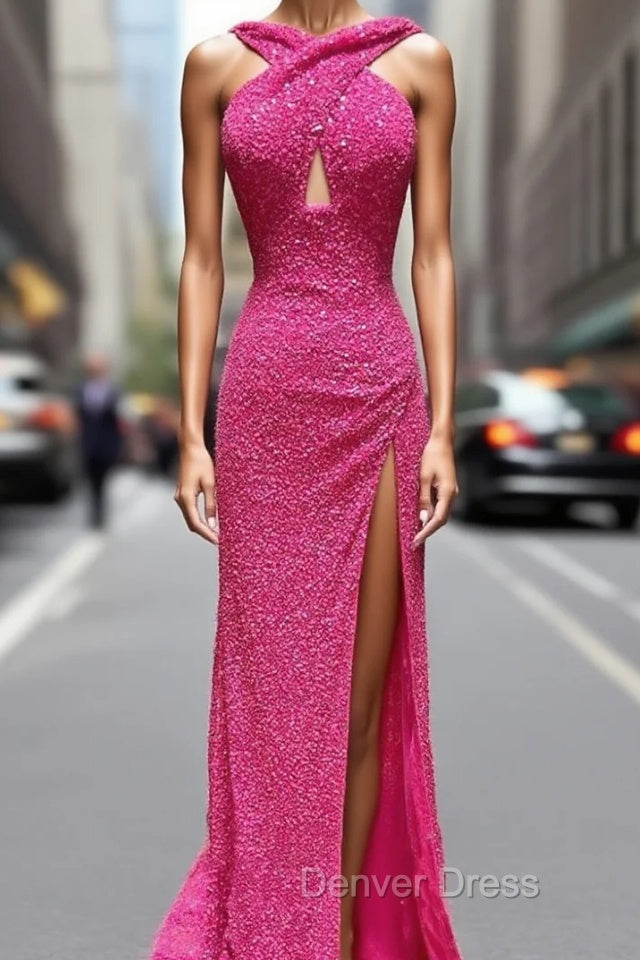 Fuchsia Sequins Backless Prom Dresses