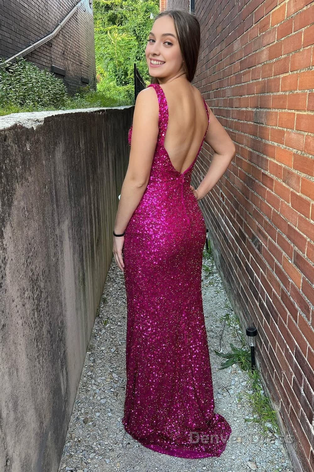 Fuchsia Sequins Backless Sheath Prom Dresses Secondary image