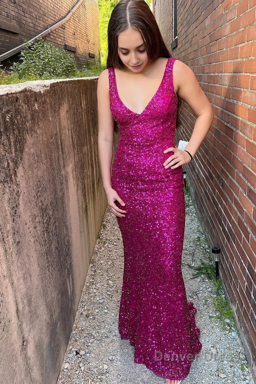 Fuchsia Sequins Backless Sheath Prom Dresses