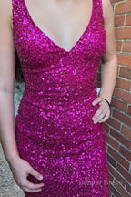Fuchsia Sequins Backless Sheath Prom Dresses