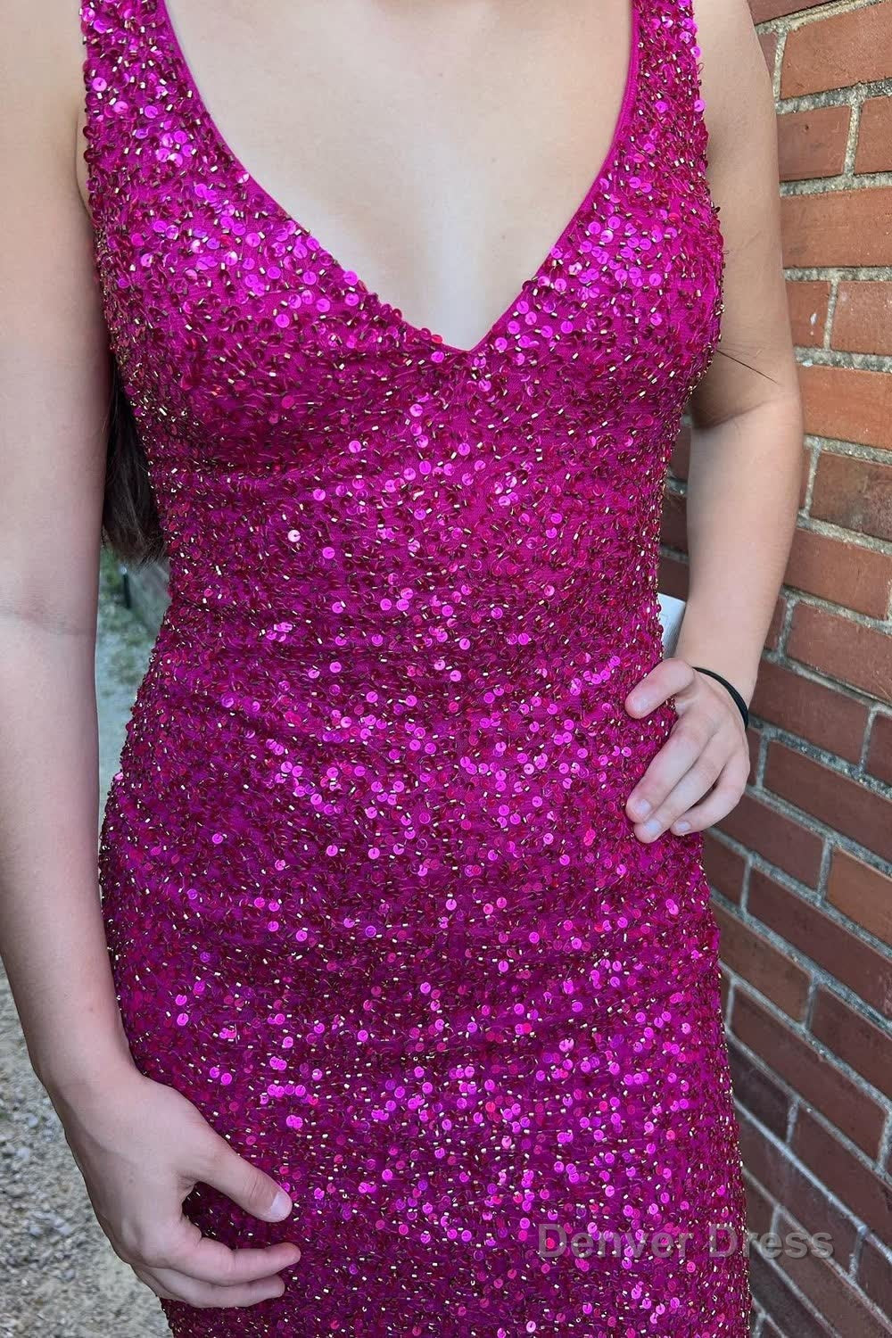Fuchsia Sequins Backless Sheath Prom Dresses