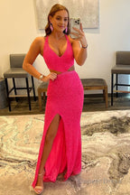 Fuchsia Sequins Criss Cross Straps Prom Dresses