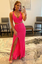 Fuchsia Sequins Criss Cross Straps Prom Dresses