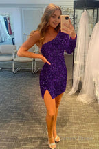 Fuchsia Sequins Homecoming Dresses with Sleeves