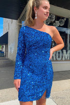 Fuchsia Sequins Homecoming Dresses with Sleeves