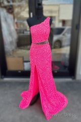 Fuchsia Sequins One Shoulder Cut-Out Tassels Long Prom Dress With Slit