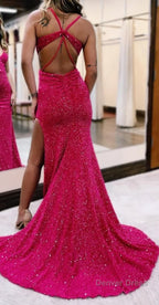 Fuchsia Sparkly Sequins Mermaid Open Back Long Prom Dress with Slit Prom Dresses