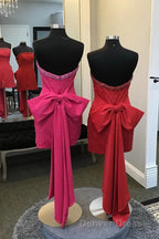 Fuchsia Strapless Beaded Bodycon Short Homecoming Dresses with Bow