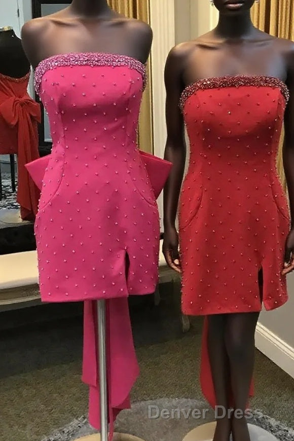 Fuchsia Strapless Beaded Bodycon Short Homecoming Dresses with Bow