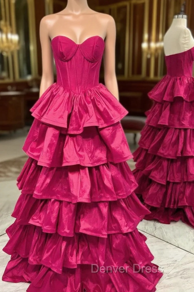 Fuchsia Strapless Tiers Prom Dresses