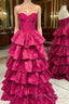 Fuchsia Strapless Tiers Prom Dresses
