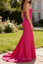 Fuchsia Sweetheart Princess Long Corset Prom Dresses with Slit
