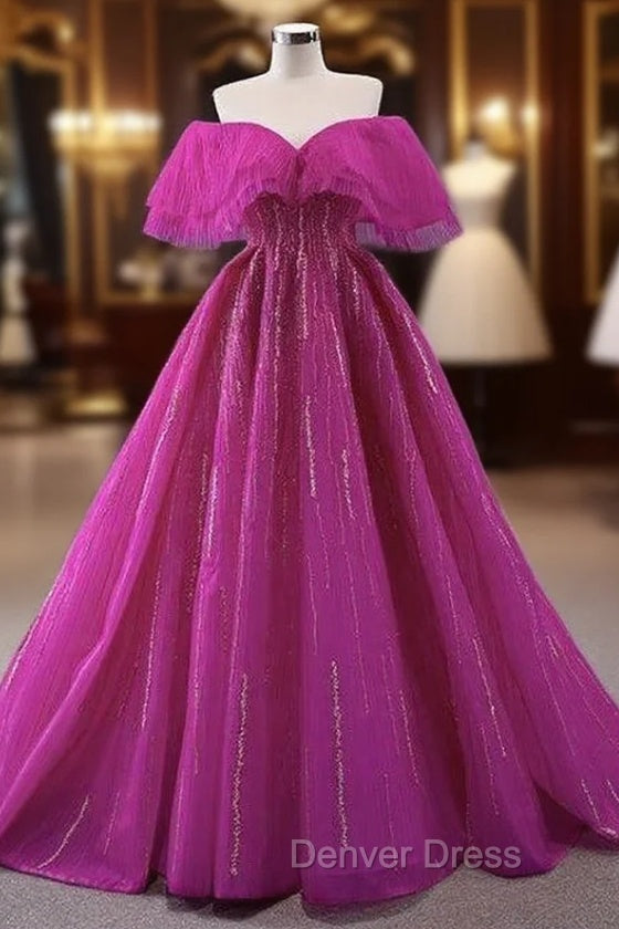 Fuchsia Tulle Beading Off the Shoulder Prom Dresses