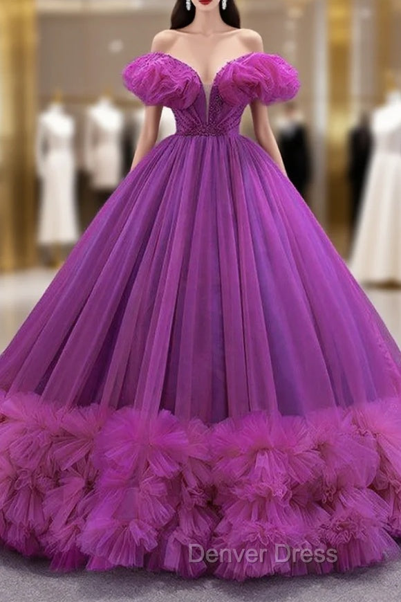 Fuchsia Tulle Off the Shoulder Pearls Prom Dresses