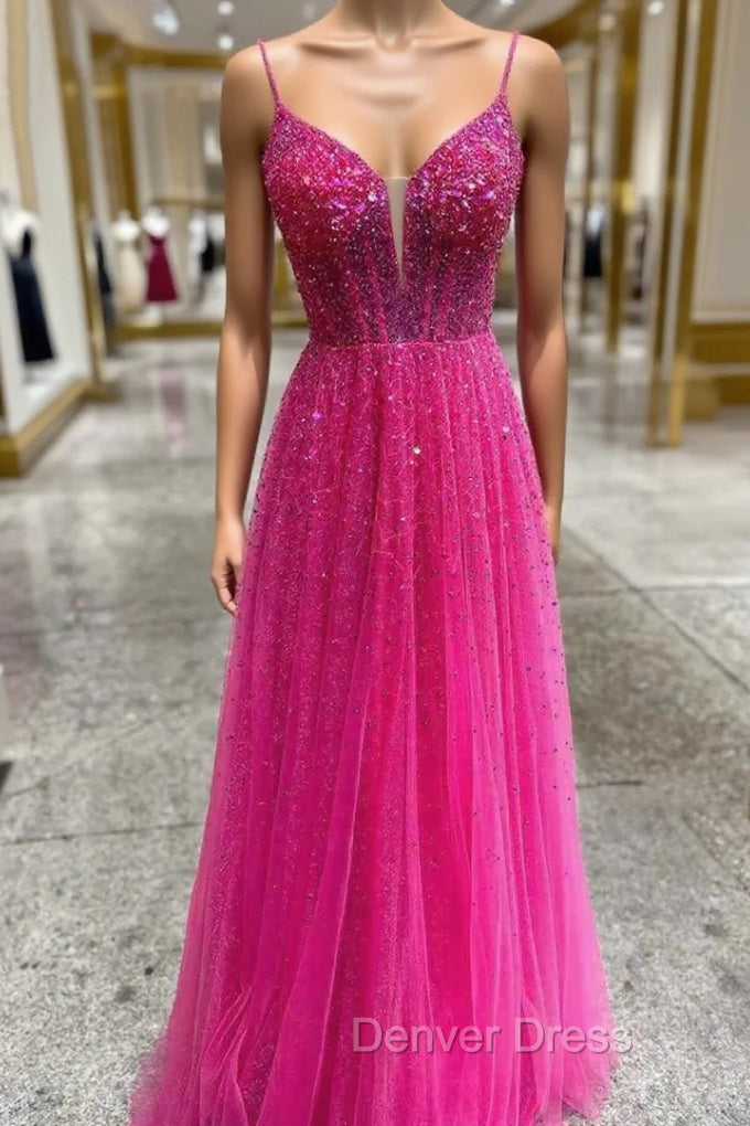 Fuchsia Tulle Spaghetti Straps Prom Dresses Main image