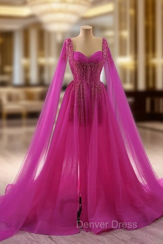 Fuchsia Tulle Square Beading Prom Dresses