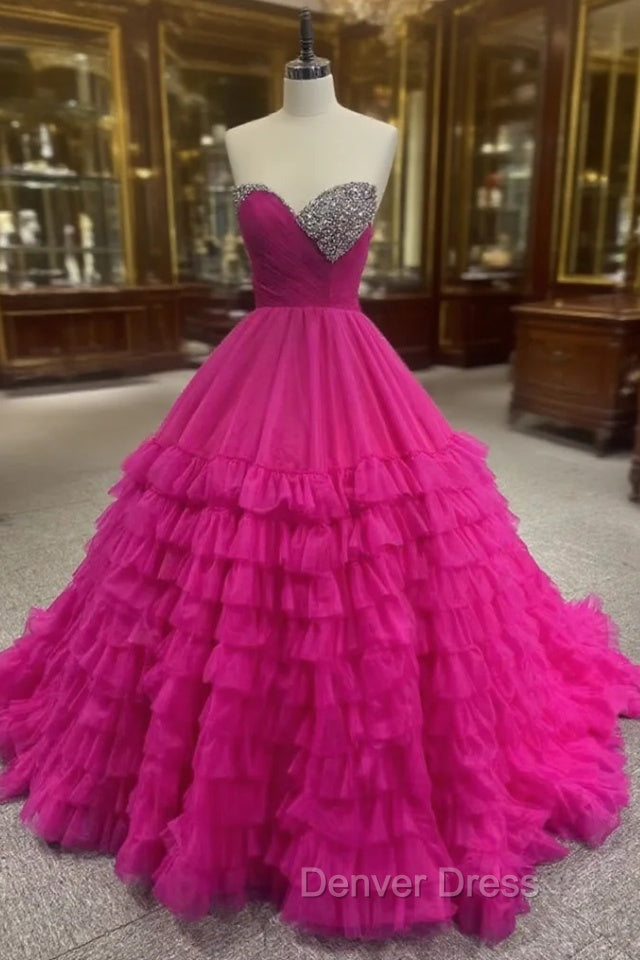 Fuchsia Tulle Sweetheart Beading Prom Dresses Main image
